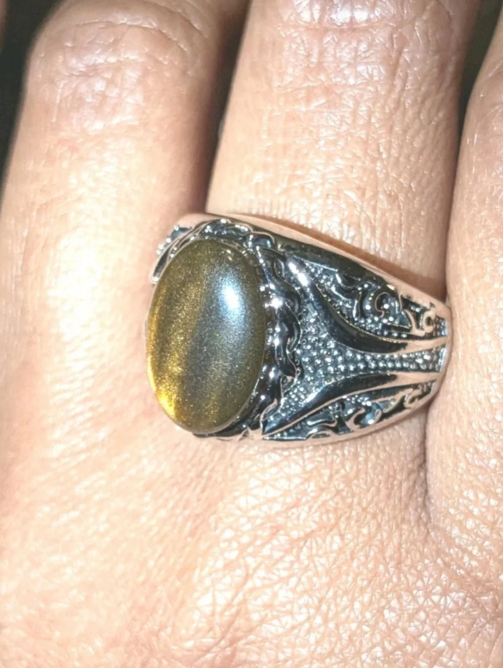 Men Oval Tiger Eye Gemstone Silver Plated Ring , Brown Veined Stone Ring Sz 10